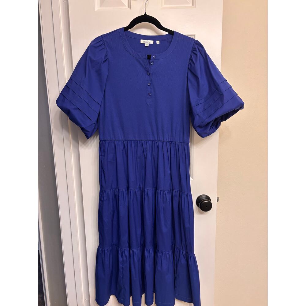 Chicos blue tiered midi dress with puff sleeves